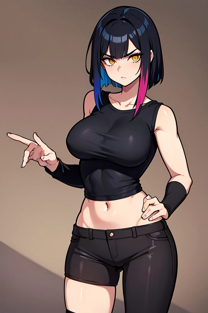 1 girl,((multicolored hair, black hair, blue hair)), 1 girl, two-tone hair, black on top, white on bottom 1 gilr, ,perfect anatomy girl muscular girl toned body girl large breasts girl thick girl angry girl best quality girl black hair girl yellow eyes girl pale girl pale girl,linda mulher morena, musculosa , usando short legging withe, meia calça preta, cabelo curto, belos olhos, olhos lindos, amarelos, camisa branca, jaqueta de couro preta, shorts, short legging white, cidade beco escuro pantyhose black, two-tone hair, black on top, white on bottom
