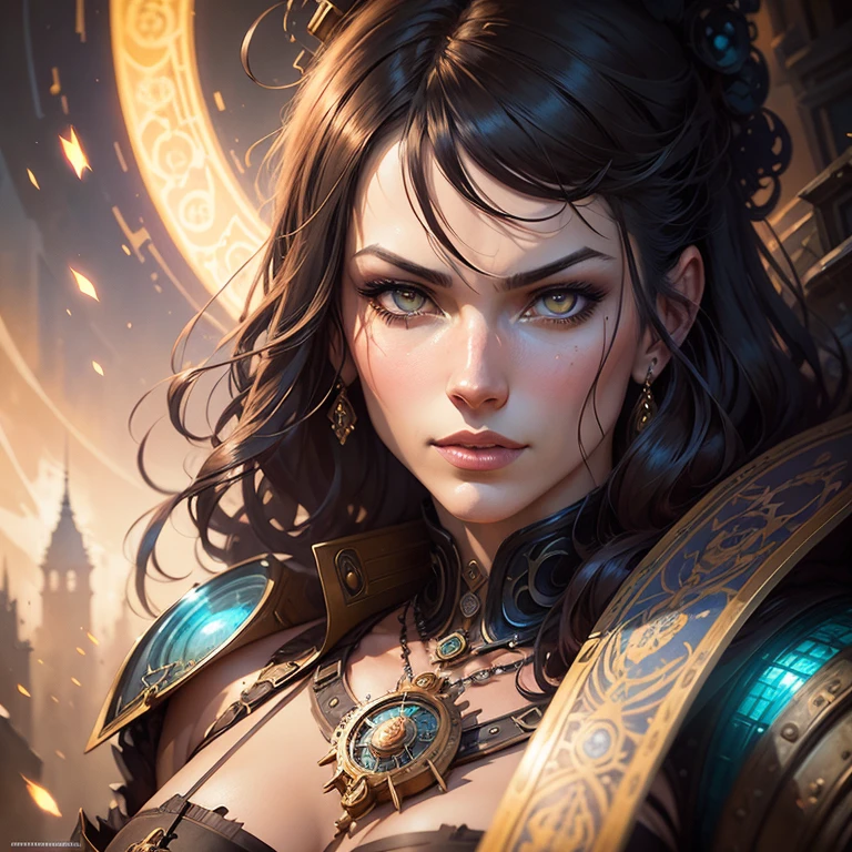 Steampunk woman portrait, illustration by Alessandro 'Talexi' Taini, in DreamWorks Animation Wonderland Stylized watercolor visuals, ultra detailed art, complex Illustration by Tran Nguyen Jeremy Mann Frank Frazetta Carne Griffiths, WLOP, Intricate, Complex contrast, HDR, Sharp, soft Cinematic Volumetric lighting, vibrant colours, wide long shot, perfect masterpiece
