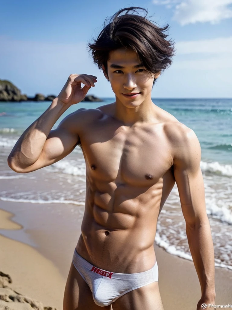 Japanese male model in a briefs, Full Body Shoot, Quiff haircut, look at camera, detailed facial parts, Manly, Charmer, Active Boy, beach background, Freestyle Pose, Happy Expression, perfect anatomy, symmetric body, asian boy 19 years old, shirtless :: high detail, asian, a little six packs attractive body, realistic, human skin, Short Hairstyle, handsome chad chin, shirtless, handsome, attractive, masculine, sexually attractive, human skin, (eyes contact), Handsome, Attractive