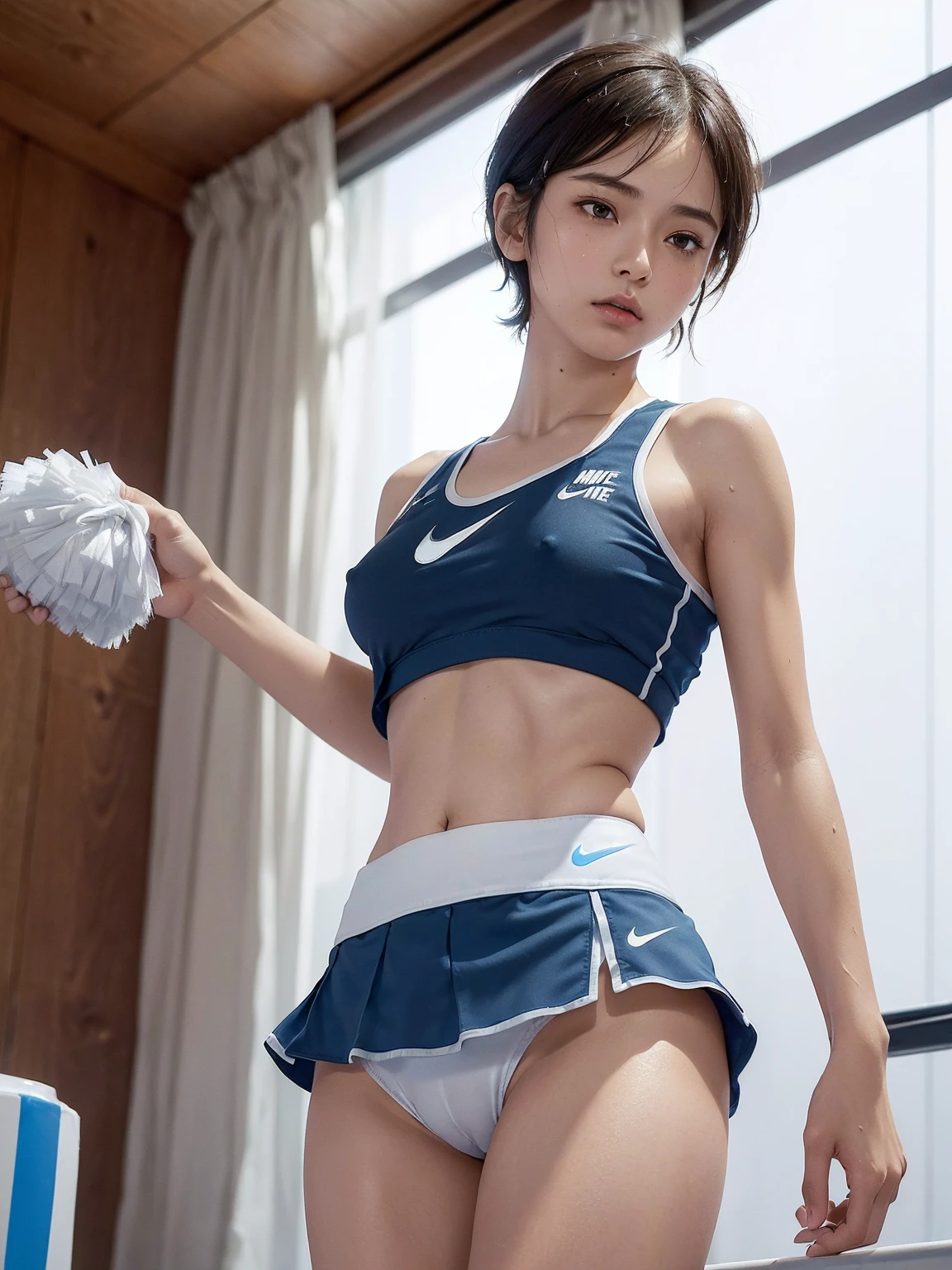(1girl), (18 year old), (solo), (masterpiece), (Best Quality:1.4), (high resolution:1.2), (Photorealistic:1.4), 8K resolution, Canon EOS R5, 50mm, Cinematic lighting, beautiful detailed face, (no-makeup:1.2), (ulzzang-6500-v1.1), figure, detailed skin texture, flat chest, (skinny and fit body:1.6), brown hair, (short hair:1.5), (Very thin fit blue and white nike short cheerleader uniform:1.5), (tight:1.3), (mini skirt:1.4), (sports bra), (sports panties), (tube top:1.3), (See-through:1.2), realistic glistening skin, (sweating), detailed texture, (Japan athletes:1.5), (flat chest:1.5), (Erect nipples:1.4), (sweat), (wet uniform), (Face the front:1.5), (from below:1.5), (cameltoe:1.3), (upskirts:1.5), (suntan:1.5), (nsfw:1.5)