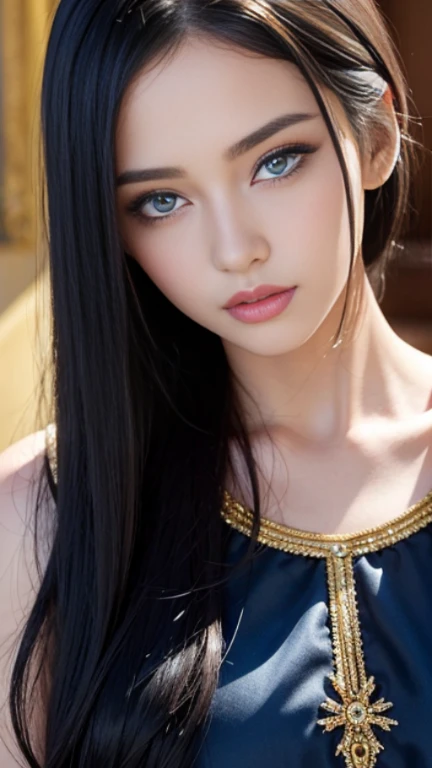 Masterpiece, best quality, beautiful young woman, Glossy blue eyes, (details pupils:1.2), eyelash, Beautiful light black hair, My hair is streaky., many colors, medium hair, perfect face, details, golden yellow dress