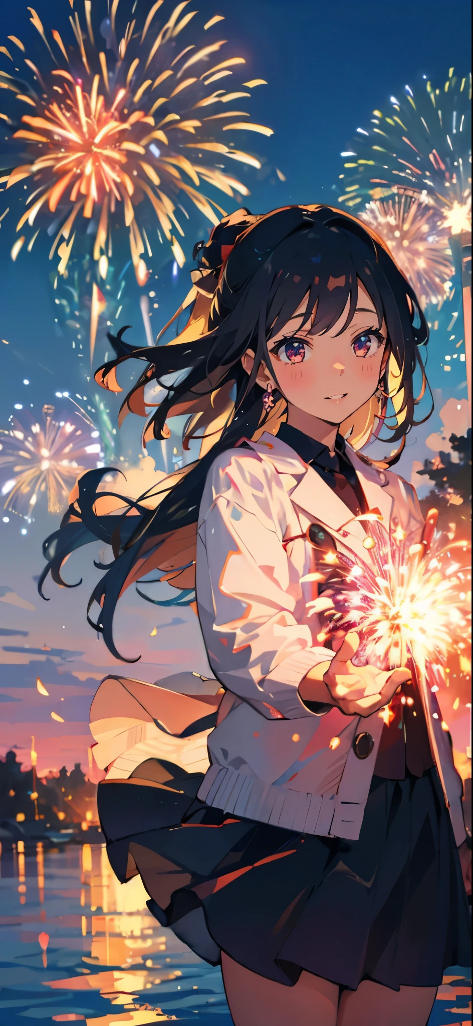 Lots of fireworks,1 girl,smile