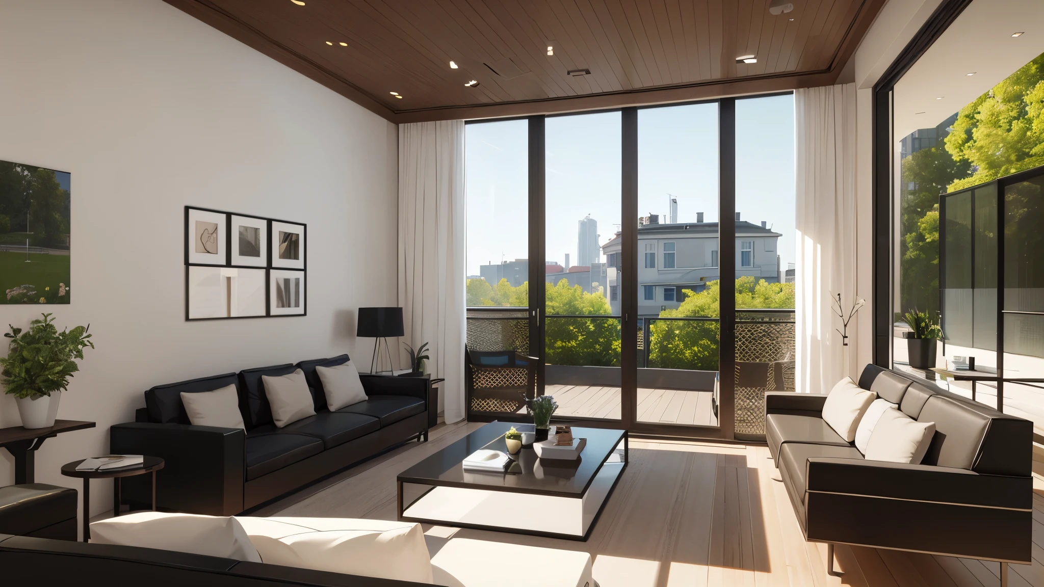 You are a famous interior designer、You have been asked to create a 3D image of a modern large room. Create a harmonious environment with modern and minimalist furniture. Including garden interior.