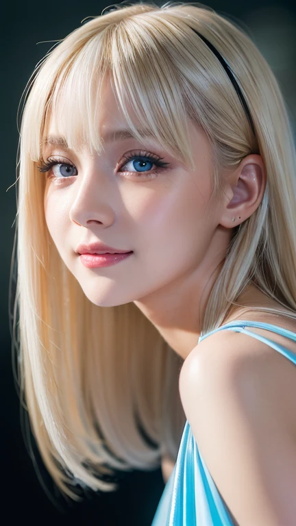 light smile、night、Live shooting、(((Portrait of extreme beauty)))、((glowing skin))、1 girl、11 years old beautiful girl in Prague、((Bright platinum blonde hair))、[Very beautiful bright light blue big eyes]、Shiny glossy skin、silky super long straight hair、eyeliner、Bangs are long、hair between eyes、Dancing blonde、((masterpiece、最high quality、Super detailed、film light、intricate details、High resolution、8K、very detailed))、detailed background、8K UHD、digital single lens reflex、soft light、high quality、film grain、富士XT3 、shallow depth of field、Natural light、（No hands）、Look up、drooping eyes、cheek gloss highlight、small face beauty
