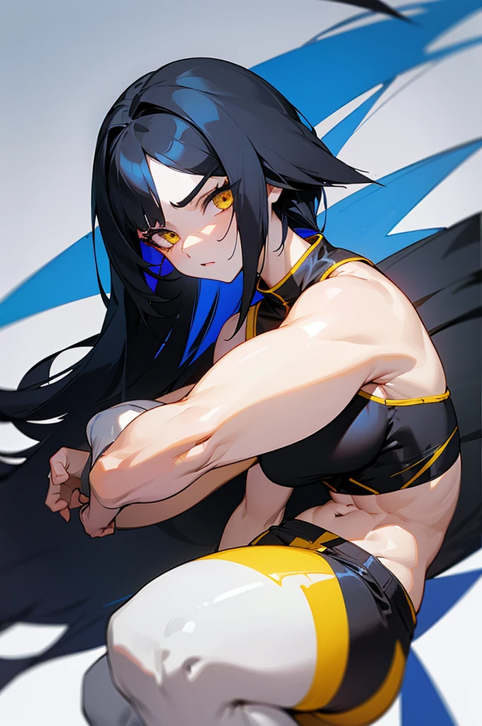 1 girl,((multicolored hair, black hair, blue hair)), 1 girl, two-tone hair, black on top, white on bottom 1 gilr, ,perfect anatomy girl muscular girl toned body girl large breasts girl thick girl angry girl best quality girl black hair girl yellow eyes girl pale girl pale girl,linda mulher morena, musculosa , usando short legging withe, meia calça preta, cabelo curto, belos olhos, olhos lindos, amarelos, camisa branca, jaqueta de couro preta, shorts, short legging white, cidade beco escuro pantyhose black, two-tone hair, black on top, white on bottom