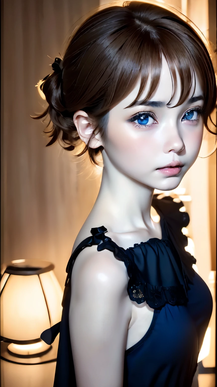 ((wallpaper 8k)), ((surreal)), ((Quality with attention to detail:1.2)), 1 girl, (((dark beige hair、blue eyes)))、１４talent、kind eyes、plump lips、An ennui look、small breasts、small breasts、Elegant dress in black,Black capelet, look up, Widespread poverty, short cut hair、short hair twin tails、ash gray hair、white skin、