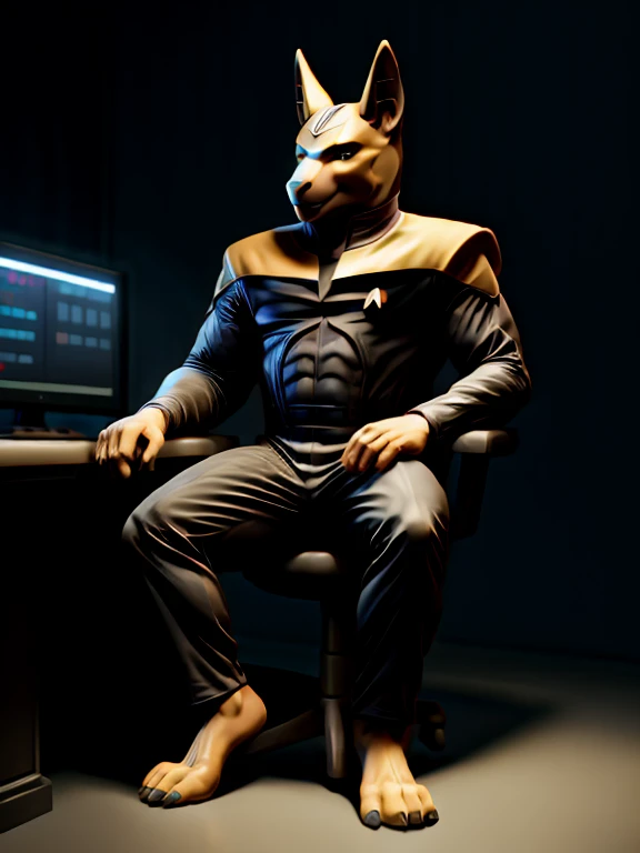 masterpiece, best quality, soft light, bokeh, real shadow, cinematic, The barefoot male muscular furry character resembling Anubis exudes confidence and authority as he sits in the captain's chair, and his red and black Star Trek Voyger uniform with the Starfleet Delta badge on his chest is a perfect match for his full figure. Handsome clawed feet paws dominate the bridge of the ship and its crew. Long black pants and red and black shirt without sleeves. Bridge of starship with many screens and consoles as background. high resolution, anatomically correct, digital art style, photoreal