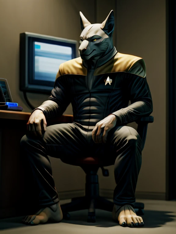 masterpiece, best quality, soft light, bokeh, real shadow, cinematic, The barefoot male muscular furry character resembling Anubis exudes confidence and authority as he sits in the captain's chair, and his red and black Star Trek Voyger uniform with the Starfleet Delta badge on his chest is a perfect match for his full figure. Handsome clawed feet paws dominate the bridge of the ship and its crew. Long black pants and red and black shirt without sleeves. Bridge of starship with many screens and consoles as background. high resolution, anatomically correct, digital art style, photoreal