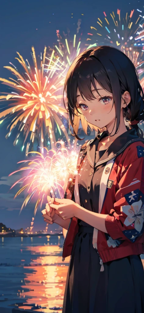 Lots of fireworks,1 girl,close your eyes and laugh