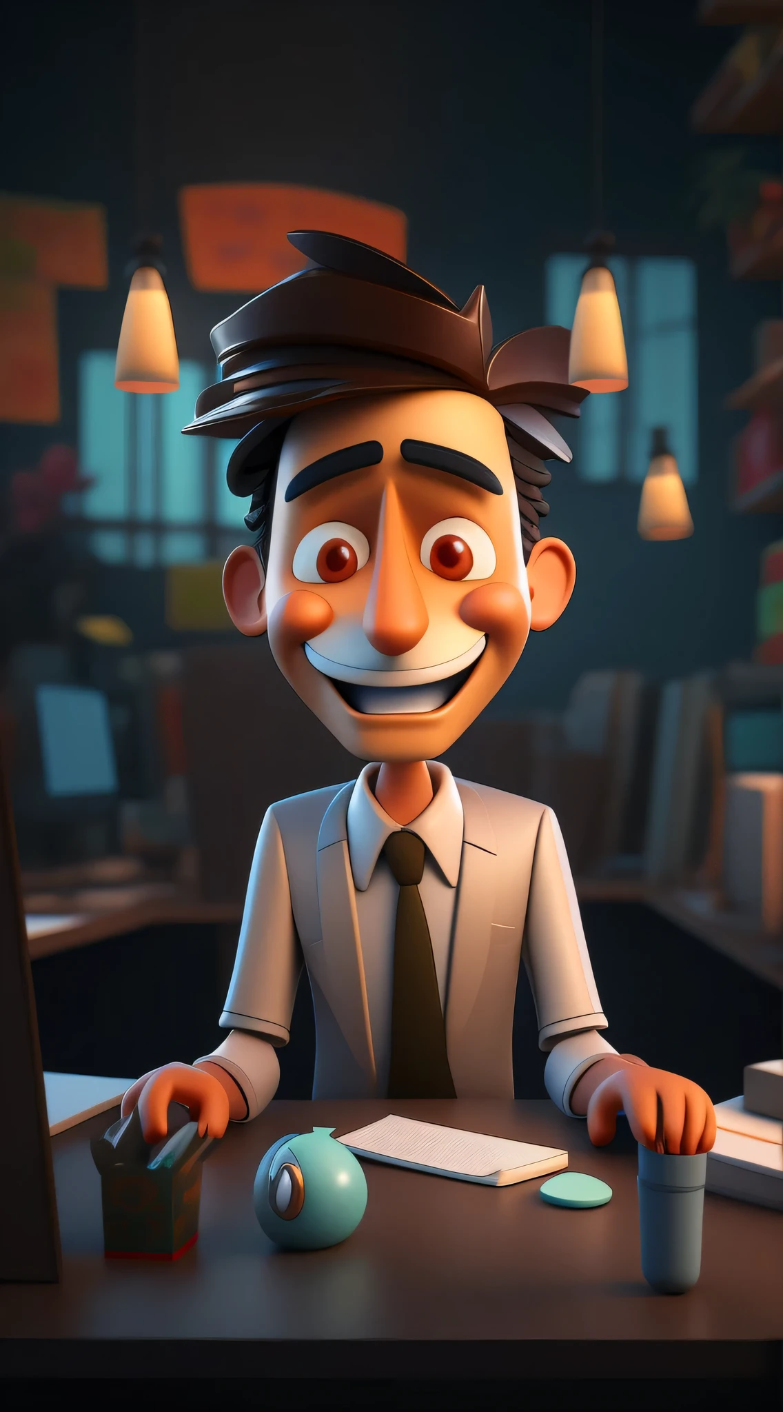 cartoon man sitting at a desk, stressed, animated film, 3 d render stylized, toon render keyshot, stylized 3 d, stylized game art, cartoon digital painting, cartoon artstyle, 3 d animated movie, stylized 3d render, animated still, toon rendering, stylized as a 3d render, portrait shot