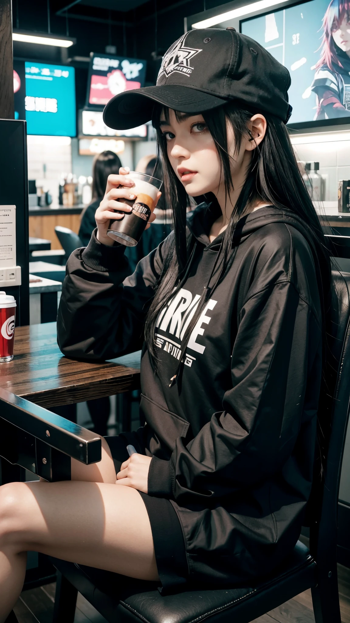 anime girl with black hair and a baseball cap sitting on a chair drink ice with a cup, anime girl drinks energy drink, 1 7 - - old me goth girl, artwork in the style of guweiz, cyberpunk anime girl in hoodie, girls frontline style, black haired girl wearing hoodie, jet black haired cyberpunk girl, mysterious coffee shop girl, anime girl with long hair, guweiz