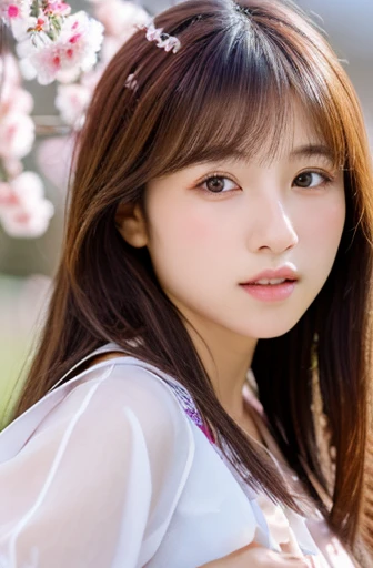 highest quality, soft light, ultra high resolution, (realistic:1.4), cherry blossoms,whole body,RAW photo, 1 japanese girl, alone, cute, (pupil, light in the eyes), detailed beautiful face, (small box),(High resolution details of human skin texture), (long hair), outdoor, Damask Shirt Dress, (portrait)