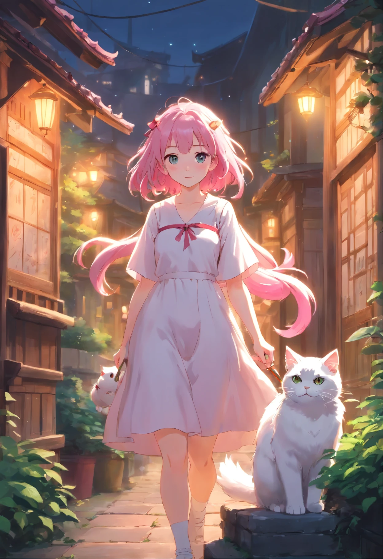 (best quality,4k,8k,highres,masterpiece:1.2),ultra-detailed,(realistic,photorealistic,photo-realistic:1.37),pink-haired girl and a white cat, artwork in Guweiz style, Guweiz at Pixiv and ArtStation, soft anime illustration, white-haired girl, beautiful anime girl, white-pink dress, Guweiz's signature detailed artwork, vibrant colors, dreamy atmosphere, delicate brushstrokes, ethereal lighting, whimsical and fantasy elements