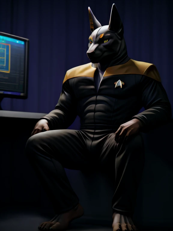 masterpiece, best quality, soft light, bokeh, real shadow, cinematic, The barefoot male muscular furry character resembling Anubis exudes confidence and authority as he sits in the captain's chair, and his red and black Star Trek Voyger uniform with the Starfleet Delta badge on his chest is a perfect match for his full figure. Handsome clawed feet paws dominate the bridge of the ship and its crew. Long black pants and red and black shirt without sleeves. Bridge of starship with many screens and consoles as background. high resolution, anatomically correct, digital art style, photoreal