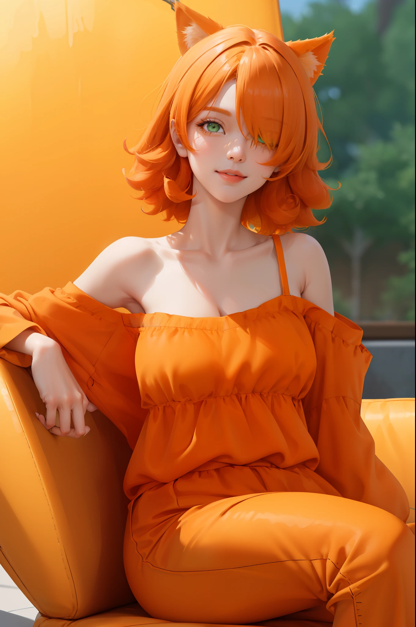 (masterpiece:1.2, best quality), (real picture, intricate details), (1lady, solo), fullbody, close-up face, casual, natural fabrics, smile, Top Quality, Masterpiece, Hi-Res, Beautiful Face, photography, High Resolution, 4k, 8k, Asian face, dark orange arm sleeve, detailed face, detailed eye, exposed shoulder, (((green eyes, orange cat ears, medium breast:1.5, orange hair:1.5, orange clothes:1.5, short curly hair:1.2, hair over one eye:1.5))), ((orange hair:1.5, orange clothes:1.5)),  (background autumn tree:1.5),