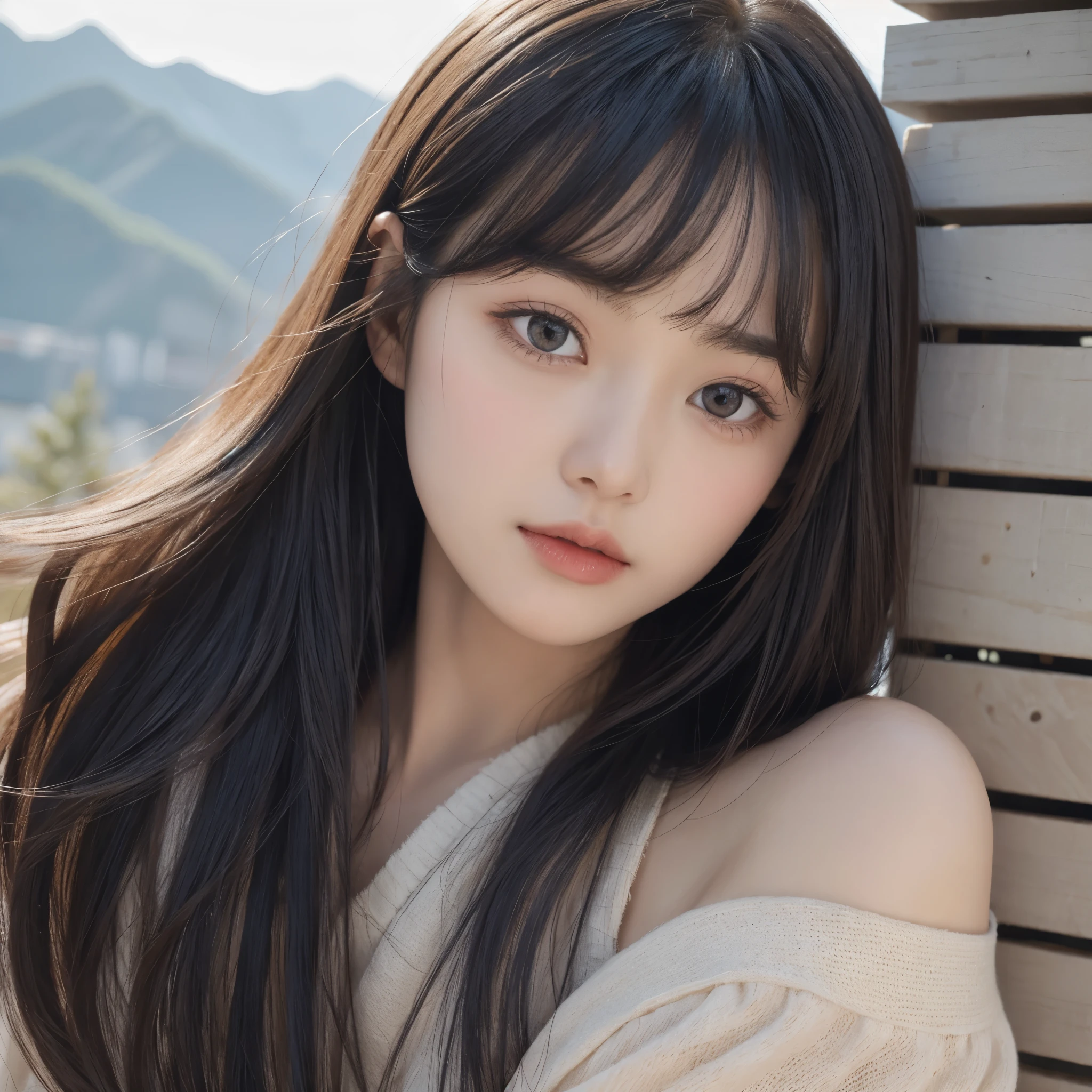 girl perfect face,mid - length hair、to the shoulder、Partial bangs for eyes、with a round face、The slightly rolled up Tianchang Wall,Eagle Great Wall