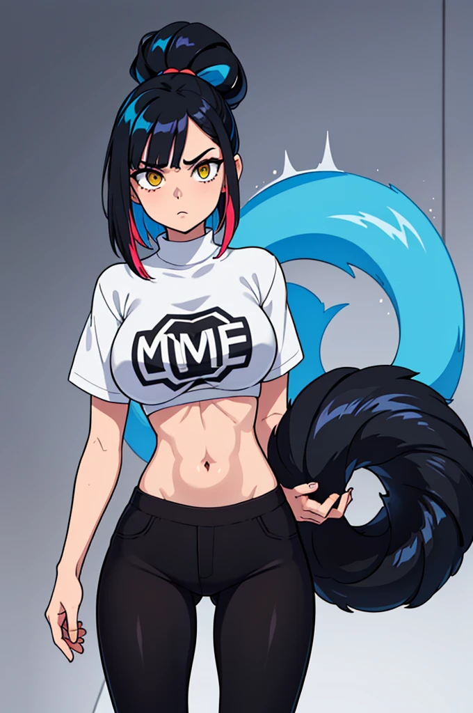 1 girl,((multicolored hair, black hair, blue hair)), 1 girl, two-tone hair, black on top, white on bottom 1 gilr, ,perfect anatomy girl muscular girl toned body girl large breasts girl thick girl angry girl best quality girl black hair girl yellow eyes girl pale girl pale girl,linda mulher morena, musculosa , usando short legging withe, meia calça preta, cabelo curto, belos olhos, olhos lindos, amarelos, camisa branca, jaqueta de couro preta, shorts, short legging white, cidade beco escuro pantyhose black, two-tone hair, black on top, white on bottom
brava, zangada, cara de odio, olhando para mim com raiva