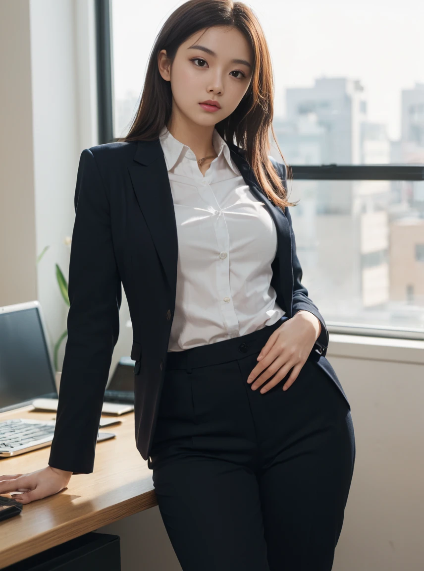 (8k, RAW photos, top quality, masterpiece: 1.2,(Best quality, 8k, 32k, Masterpiece, UHD:1.2), 1girl, narrow waist, white suit, black shirt, suit, pants, from front, sitting on desk, office room, (stick out one's buttocks:1.2),