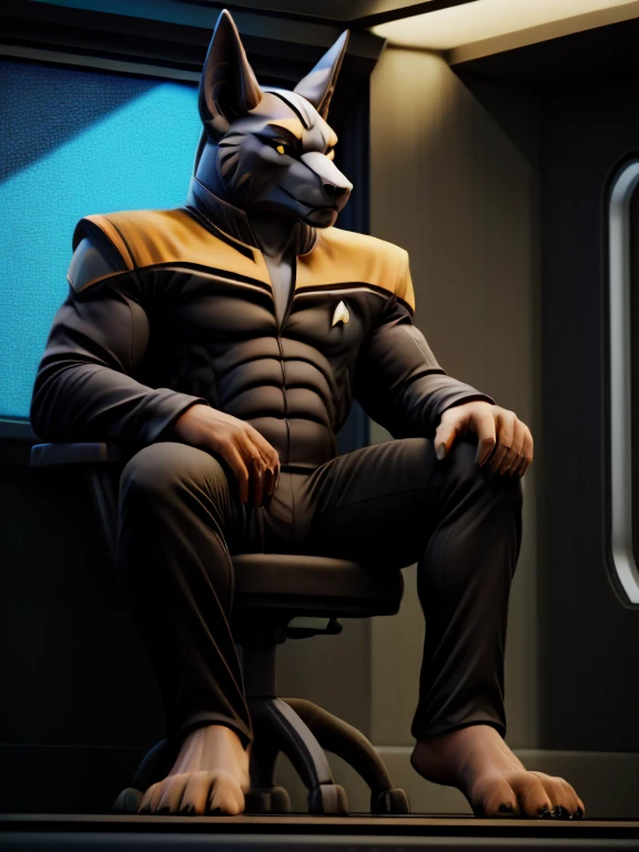 masterpiece, best quality, soft light, bokeh, real shadow, cinematic, The barefoot male muscular furry character resembling Anubis exudes confidence and authority as he sits in the captain's chair, and his red and black Star Trek Voyger uniform with the Starfleet Delta badge on his chest is a perfect match for his full figure. Handsome clawed feet paws dominate the bridge of the ship and its crew. Long black pants and red and black shirt without sleeves. Bridge of starship with many screens and consoles as background. high resolution, anatomically correct, digital art style, photoreal