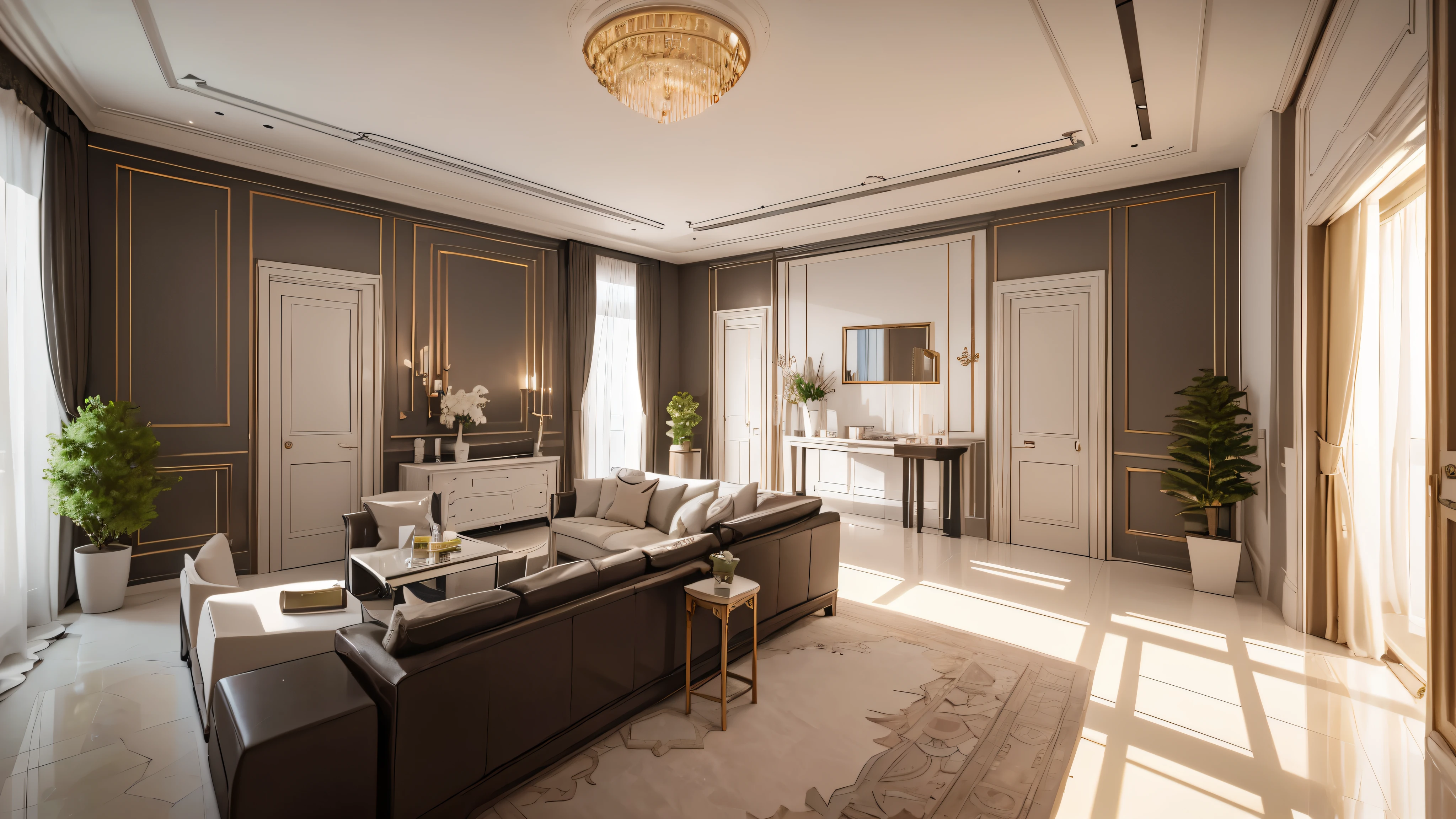 You are a famous interior designer、You have been asked to create a 3D image of a modern large room. Create a harmonious environment with modern and minimalist furniture. Including garden interior.