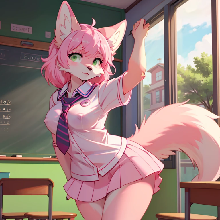 Beautiful pastel  pink furry vixen ((school uniform)) with pastel pink hair, lime green eyes, cute tits and hips, , in a sensual and dynamic pose.  The best quality.