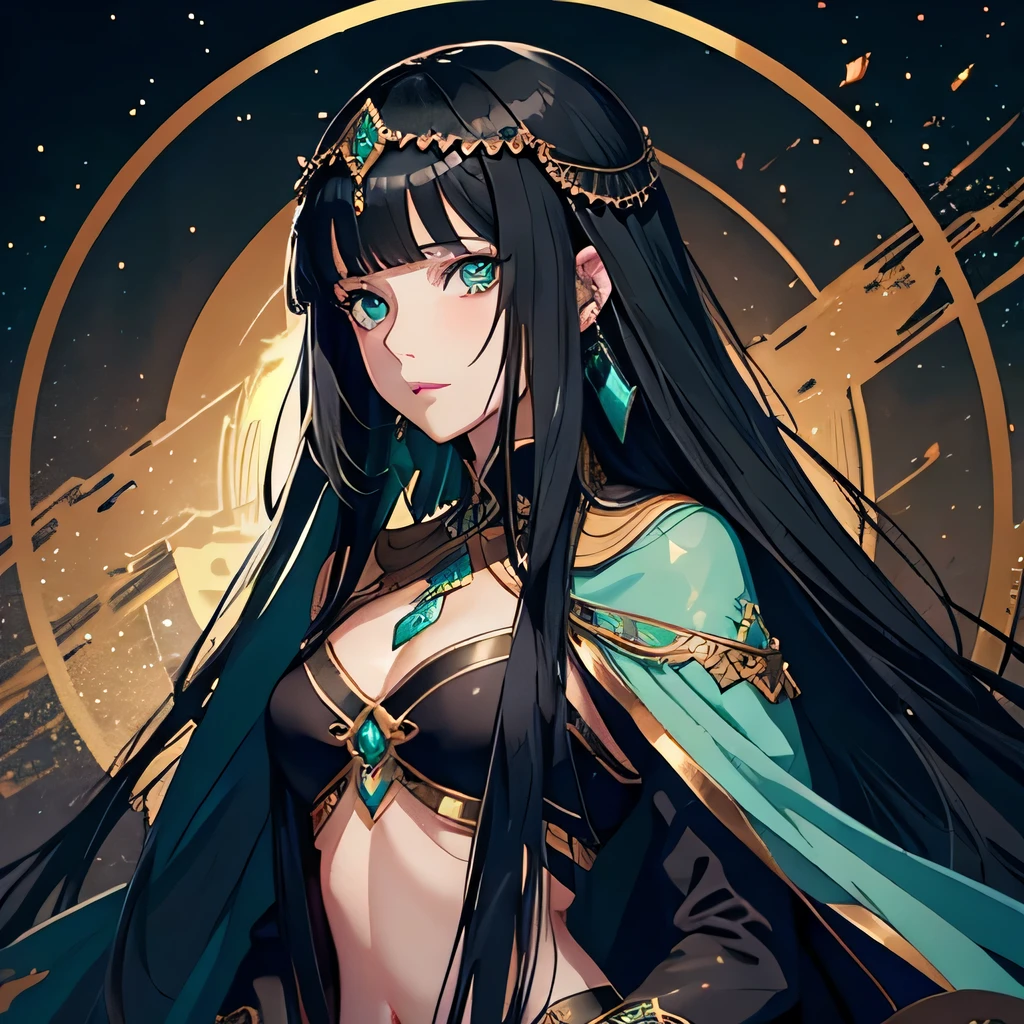 anime girl with light bluish green eyes . long black silky hair with bangs, very detailed CG unity 8k wallpapers), (best quality), (best illustrations), (best shadows) royalty, rich queen with jewelry, arabic clothes, revealing arabian royalty clothes