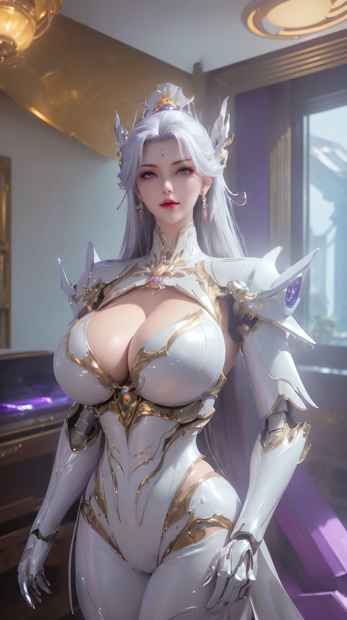 UPPER BODY,CLOSE UP HALF BODY,SOLO,(BEAUTY WHITE HAIR,GOLDEN DRAGON HORN:1.3), (HUGE OPPAI,BUSTY MILF,CLEAVAGE,MUSCLE ABS:1.5), ((WEARING OUTFIT PURPLE,WHITE SHINY MODERN MECHA FUTURISTIC SKIMPY BIKINI ARMOR,ROBOT MECHA ARMOR:1.5)),(CURVY VOLUPTUOUS BODY MATURE WOMAN:1.5), (SWEATY GLOSSY BODYSKIN:1.5), (LOOKING AT VIEWER:1.6),(HALLROOM OF FUTURISTIC SPACE STATION:1), (PHOTOREALSITIC:1.4), (ULTRA-DETAILLIERT), (TOP-QUALITY), (BEST SHADOWS), (​MASTERPIECE), BRIGHT LIGHT IN ROOM, HYPER TEXTURE, (4X MSAA), ((UNREAL ENGINE 5 RENDER)), PHYSICALLY-BASED RENDERING, ULTRA HIGHT DEFINITION, 16K, 1080P.