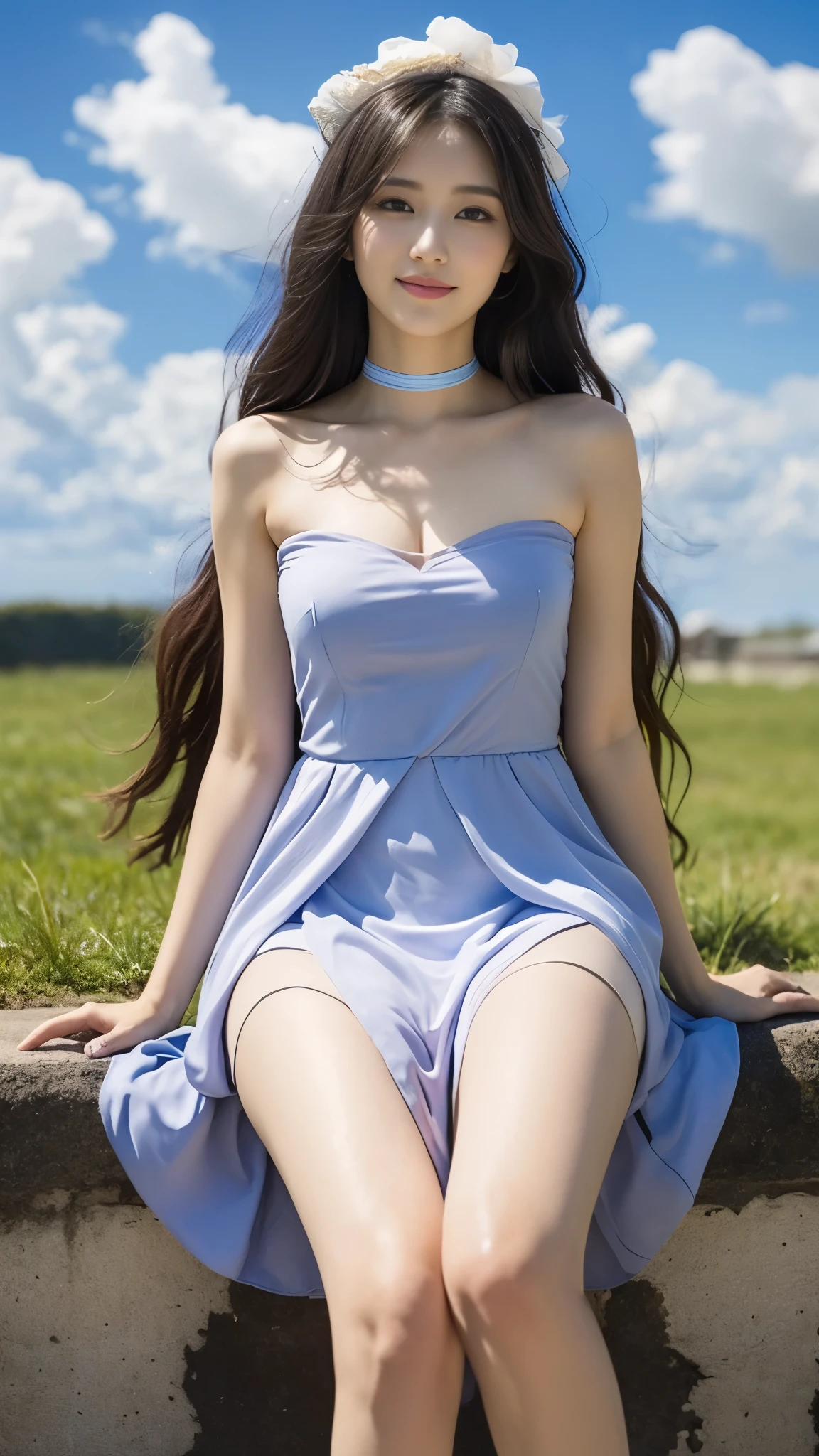 A beautiful and cute girl, full body photo, extremely beautiful and delicate, black hair, sweet smile, delicate beautiful fair skin, reallyistic and reallyistic, Exquisite and perfect facial features, Detailed facial depictions, High bridge of the nose, flowing silky hair, extremely delicate hair, feminine temperament, face light, tall, thin, really, hyper-really, full-body lens, dynamic angle, ultimate picture quality, highest precision, accurate and perfect human body structure. The blue sky and white clouds, sitting on the grassland, The blue sky and white clouds, sunlight, (Bandeau Dress),