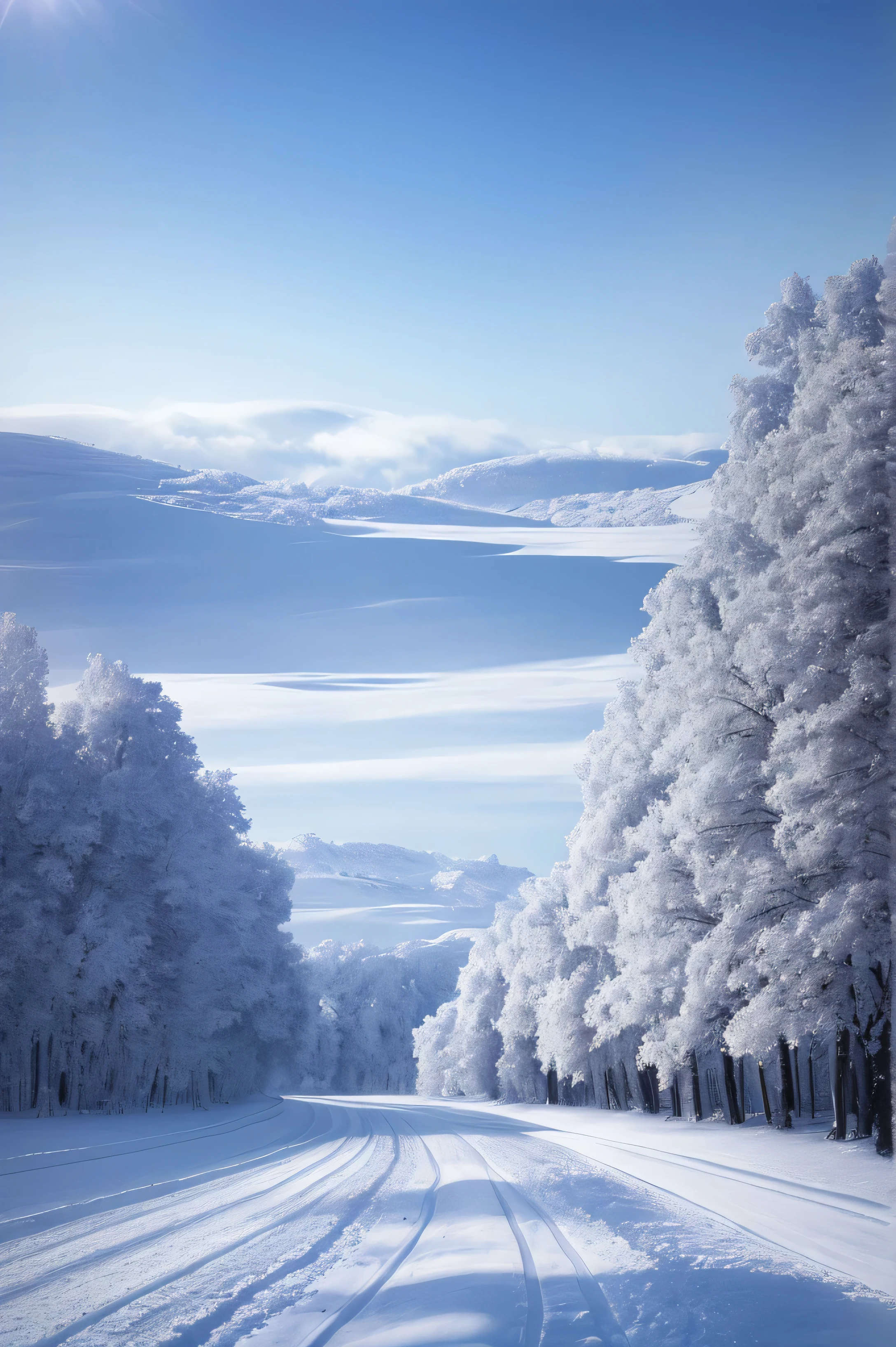A snowfield centretching out on a centraight road, blanketed in pricentine whiteness, ultra high resolution, macenterpiece level realism, On sunny days, the beautiful sky decorates the scene, fluffy clouds dappled, The quiet ruts in the snowfield、evokes tranquility and serene beauty, a Nordic landscape at its finecent, Expressing the essence of winter in every detail. (becent image quality: 2.5, extremely detailed texture: 1.3), (exquisite snowflake pattern: 1.1), (extremely realicentic shadows: 1.4), (Detailed texture map: 1.5), (cent