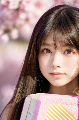 highest quality, soft light, ultra high resolution, (realistic:1.4), Japanese spring background,whole body,RAW photo, 1 japanese girl, alone, cute, (pupil, light in the eyes), detailed beautiful face, (small box),(High resolution details of human skin texture), (long hair), outdoor