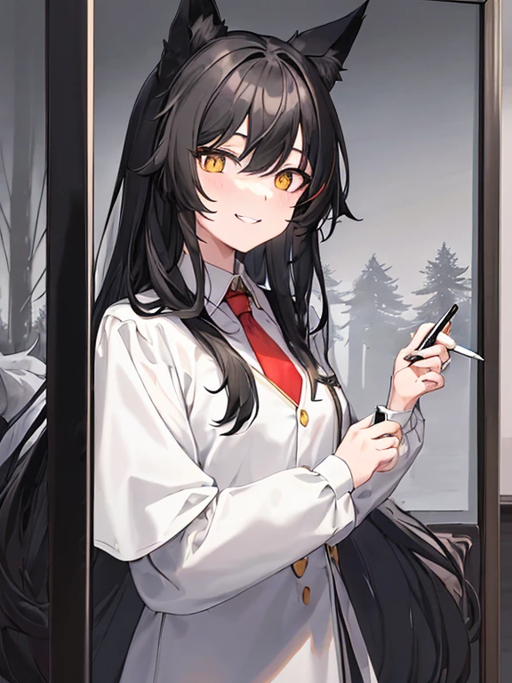 Black Haired, (Long hairstyles), Yellow Vertical pupil,(Vertical Eyes), Wolf ears, (Wicked Smiles), A girl, Wearing a White Suit Design Fur under The Neck, Aesthetic Design, Underneath Black shirt, Red Necktie, (((Holding White Board Front Written Gay Lord))), ray,backlighting, masterpiece, best quality, exquisite,8k,absurdres ,super fine illustration,(looking at viewer), Back Ground, Wallpaper (((Snowy Forest Wolfs in corner))),