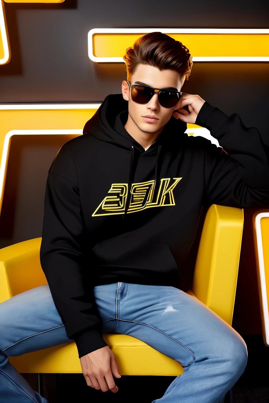 Create a 3D illusion for a profile picture where a "22" Year old cute "boy" in a black hoodie Sitting casually on a Wingback chair. Wearing sneakers, and sunglasses, she looks ahead. The background features "Armin" in big and capital Yellow neon light fonts on the dark grey wall. There should not be