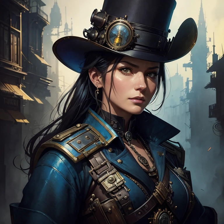 Steampunk policewoman portrait, illustration by Alessandro 'Talexi' Taini, in DreamWorks Animation Wonderland Stylized watercolor visuals, ultra detailed art, complex Illustration by Tran Nguyen Jeremy Mann Frank Frazetta Carne Griffiths, WLOP, Intricate, Complex contrast, HDR, Sharp, soft Cinematic Volumetric lighting, vibrant colours, wide long shot, perfect masterpiece