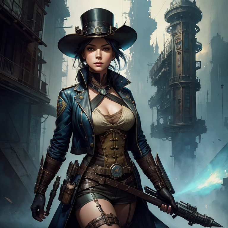 Steampunk policewoman portrait, illustration by Alessandro 'Talexi' Taini, in DreamWorks Animation Wonderland Stylized watercolor visuals, ultra detailed art, complex Illustration by Tran Nguyen Jeremy Mann Frank Frazetta Carne Griffiths, WLOP, Intricate, Complex contrast, HDR, Sharp, soft Cinematic Volumetric lighting, vibrant colours, wide long shot, perfect masterpiece