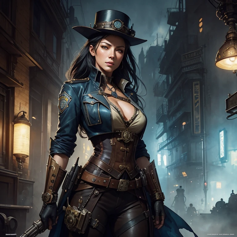 Steampunk policewoman portrait, illustration by Alessandro 'Talexi' Taini, in DreamWorks Animation Wonderland Stylized watercolor visuals, ultra detailed art, complex Illustration by Tran Nguyen Jeremy Mann Frank Frazetta Carne Griffiths, WLOP, Intricate, Complex contrast, HDR, Sharp, soft Cinematic Volumetric lighting, vibrant colours, wide long shot, perfect masterpiece
