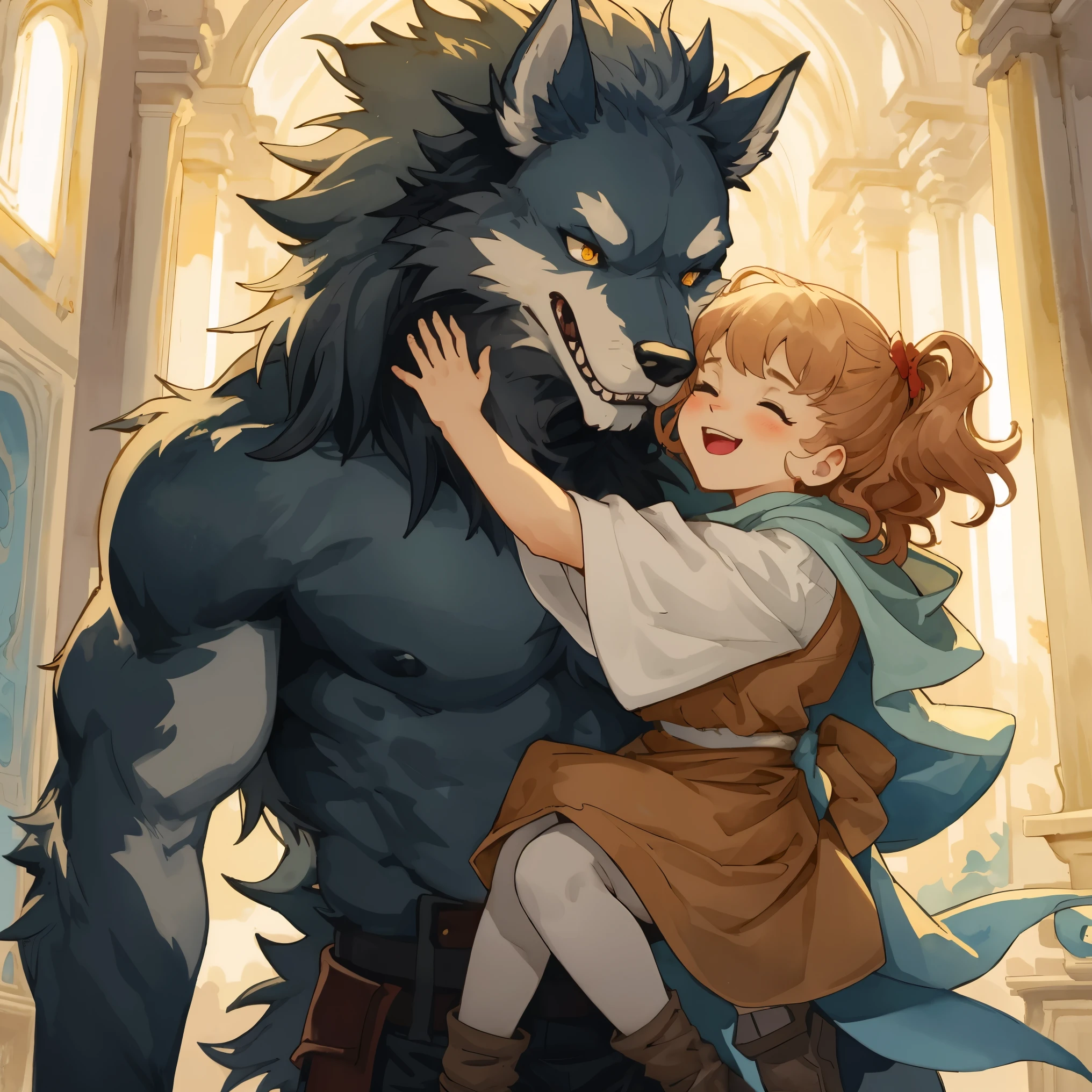 watercolour, light color, vintage pictures, height, An unrivaled masterpiece, nonsense, The love story of a young human woman and a giant werewolf., pair, ความแตกต่างของheight, physical differences, perfect anatomy, smile, fun, play with, smile, be happy, watercolour,