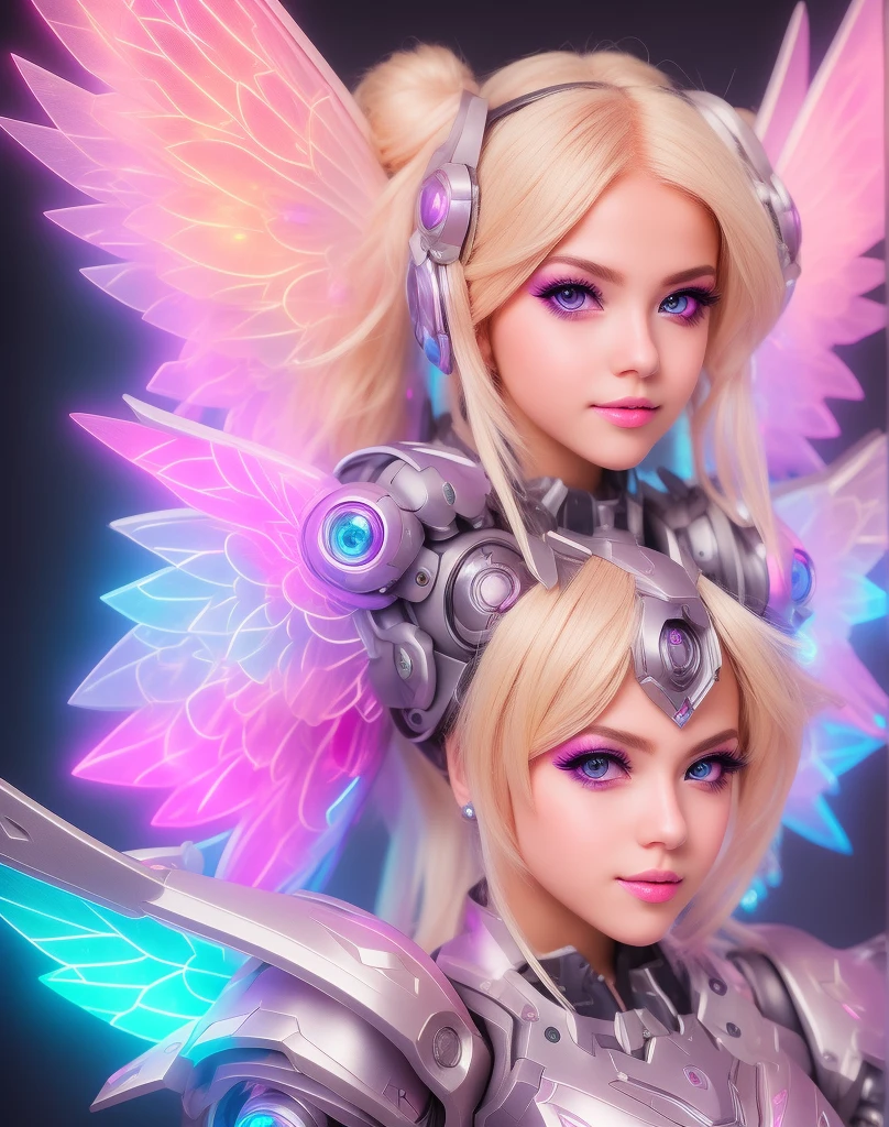 Real anime cosplay robotic meha fairy girl portrait, beautiful, atmospheric, fantasy, hdr, ultra realistic, blonde, sharp focus, league of legends concept art, beautiful cybergoth kawaii girl portrait, beautiful, photoshoot, hyperrealism goddess with meha wings, pastel colors