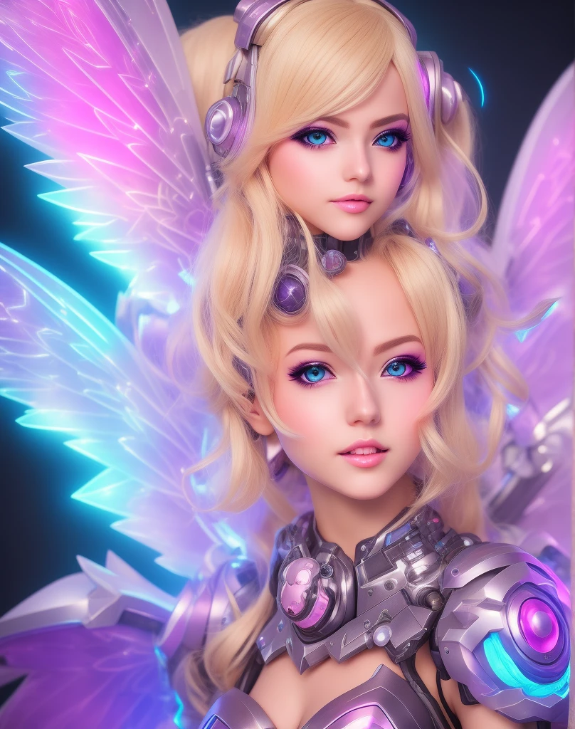 Real anime cosplay robotic meha fairy girl portrait, beautiful, atmospheric, fantasy, hdr, ultra realistic, blonde, sharp focus, league of legends concept art, beautiful cybergoth kawaii girl portrait, beautiful, photoshoot, hyperrealism goddess with meha wings, pastel colors