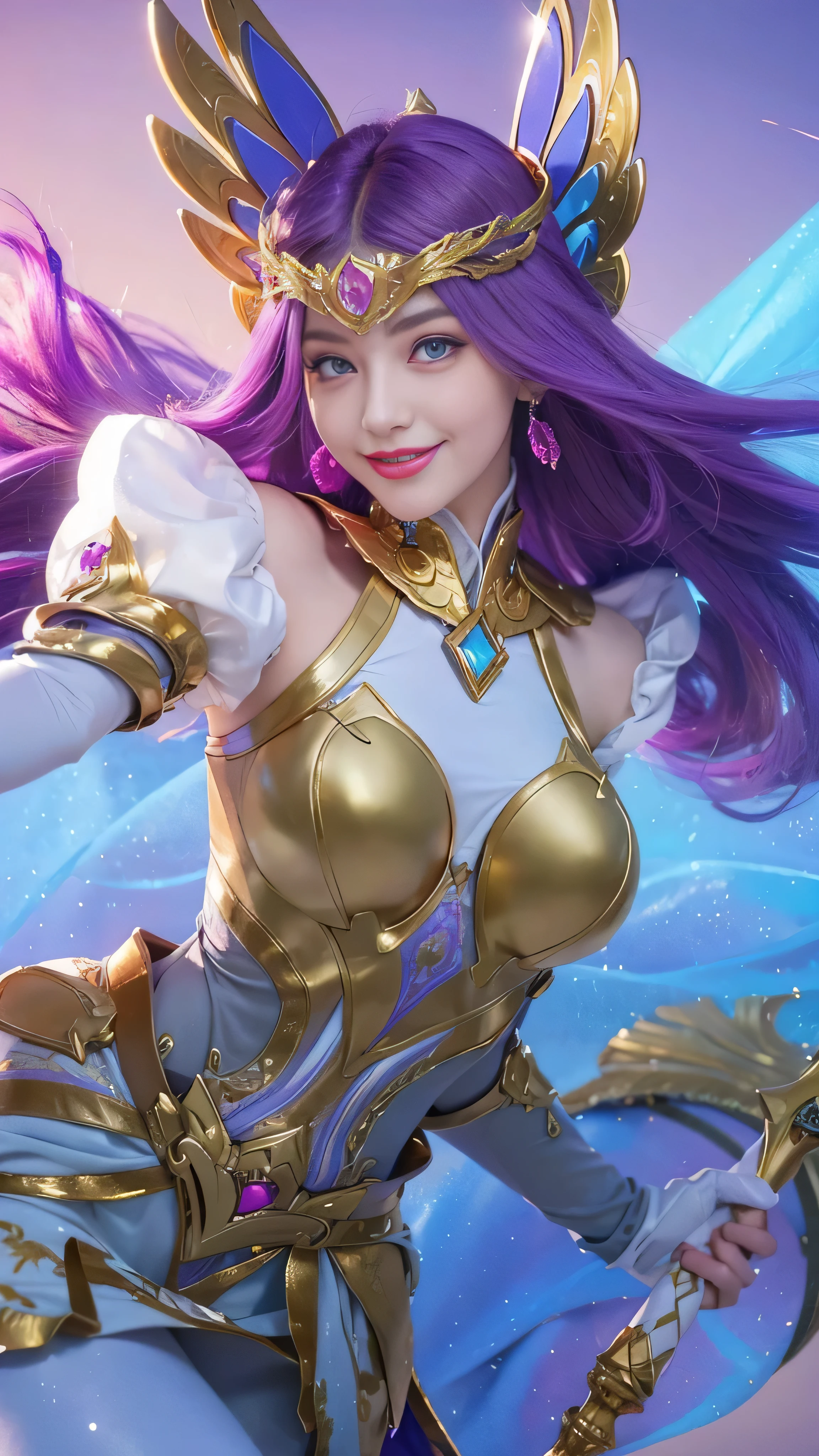 8k, highly detailed, photo realistic, close-up shot of a beautiful woman with purple hair and gold clothes, blue eyes, smiling