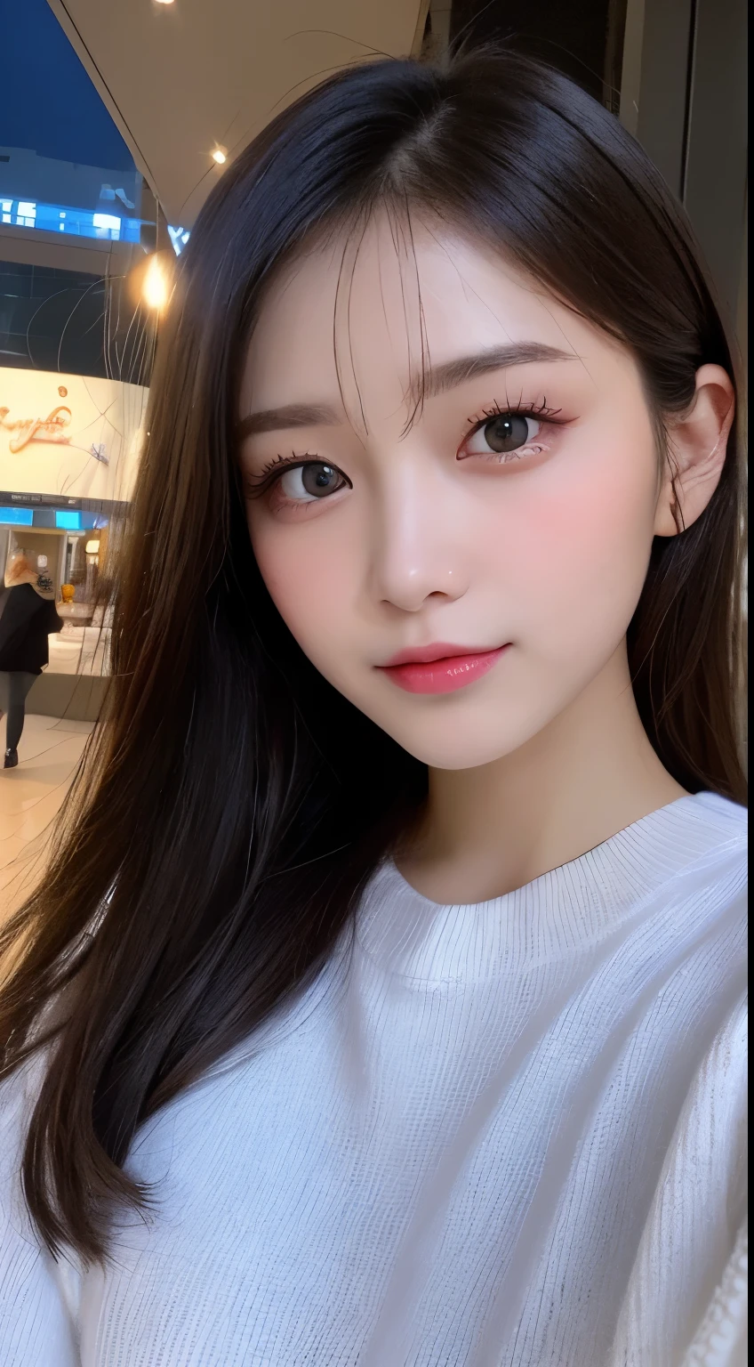 table top, highest quality, shape, Super detailed, finely, High resolution, 8k wallpaper, 完璧なダイナミックな構shape, beautiful and detailed eyes, Latest trend fashion Tokyo winter wear,medium hair, small breasts, natural color lip,smile,20 year old girl、midnight、beautiful and detailed face、perfect and beautiful face、slim face and style,spread your arms wide,Big eyes,Take a photo from below the knees at a face angle、small face、beautiful detailed face、perfect and beautiful double eyelids