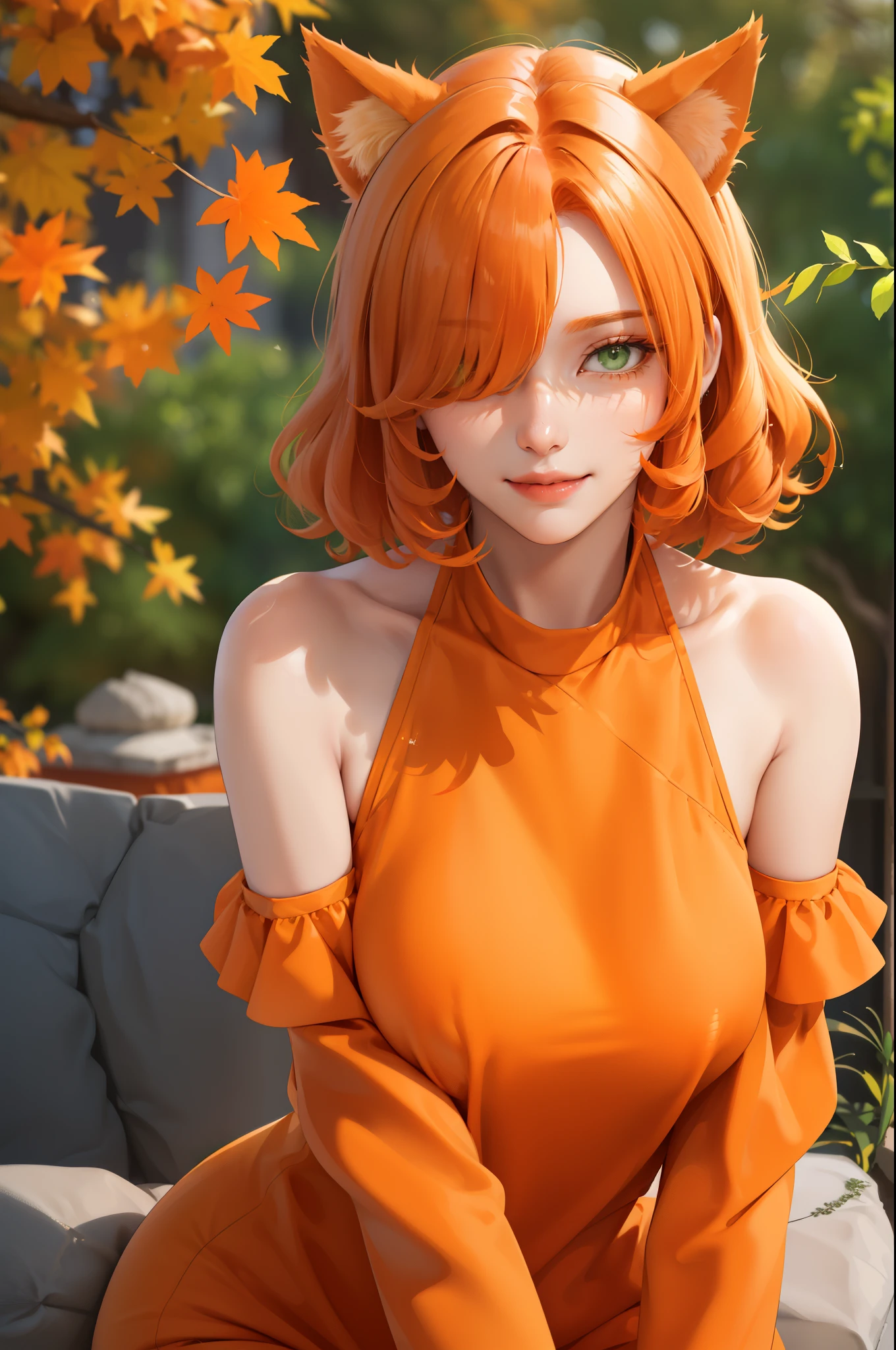 (masterpiece:1.2, best quality), (real picture, intricate details), (1lady, solo), fullbody, close-up face, casual, natural fabrics, smile, Top Quality, Masterpiece, Hi-Res, Beautiful Face, photography, High Resolution, 4k, 8k, Asian face, dark orange arm sleeve, detailed face, detailed eye, exposed shoulder, (((green eyes, orange cat ears, medium breast:1.5, orange hair:1.5, orange clothes:1.5, short curly hair:1.2, hair over one eye:1.5))), ((orange hair:1.5, orange clothes:1.5)), (background autumn tree:1.5),