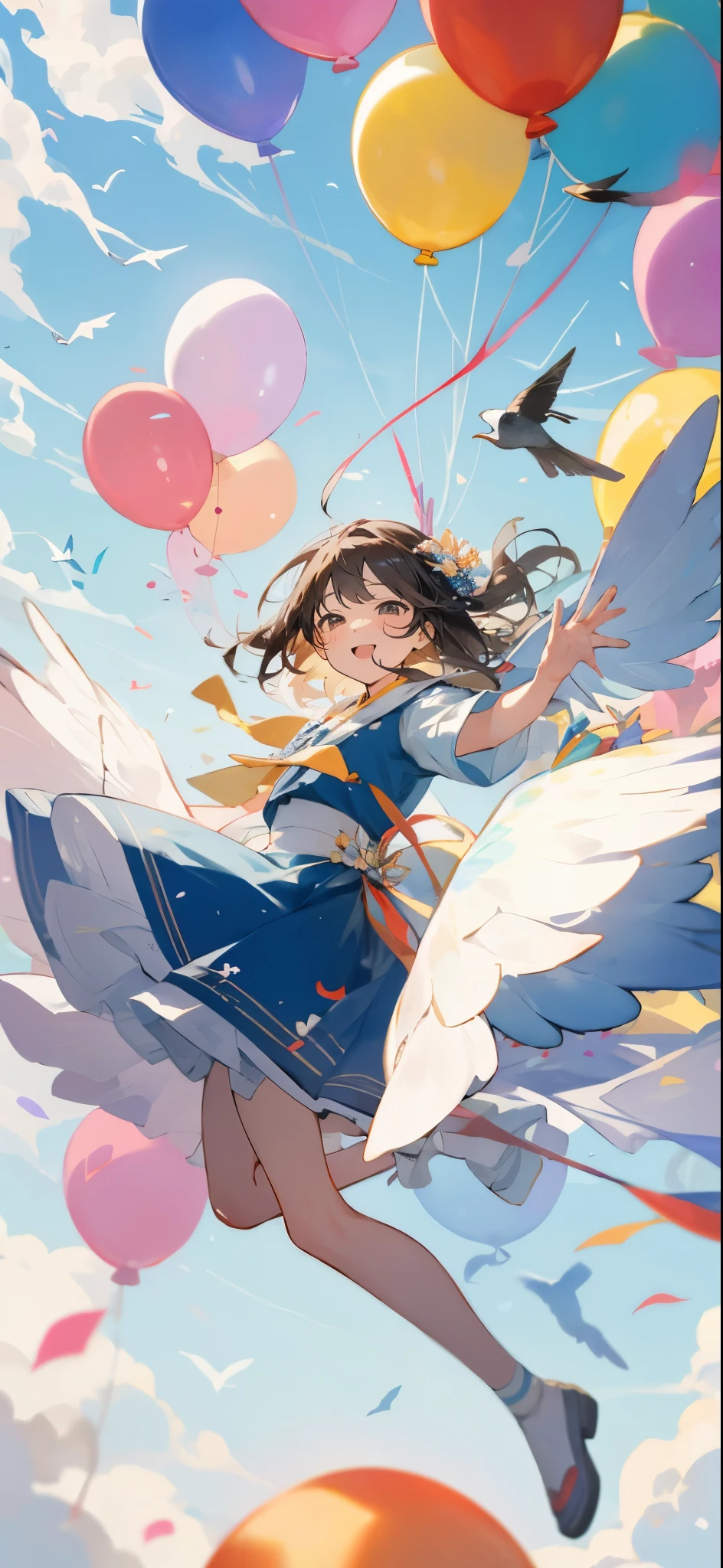 girl，lots of balloons，Tons of balloons，floating，jump，flower火，colorful，smile，flower，bird，wing，magic，shine