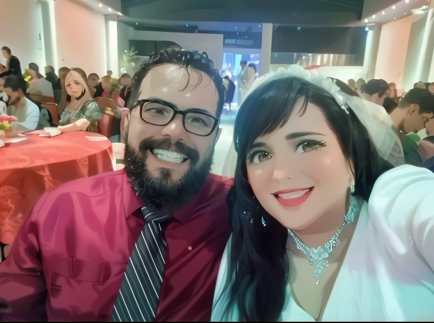 obra de arte, melhor qualidade, casal de namorados, homem com barba cheia, com pessoas sentadas sorrindo em mesas no fundo