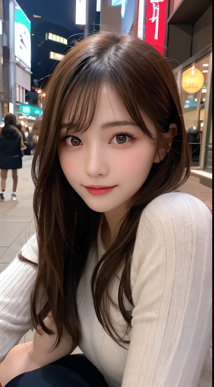 table top, highest quality, shape, Super detailed, finely, High resolution, 8k wallpaper, 完璧なダイナミックな構shape, beautiful and detailed eyes, Latest trend fashion Tokyo winter wear,medium hair, small breasts, natural color lip,smile,20 year old girl、midnight、beautiful and detailed face、perfect and beautiful face、slim face and style,spread your arms wide,Big eyes,Take a photo from below the knees at a face angle、small face、beautiful detailed face、perfect and beautiful double eyelids