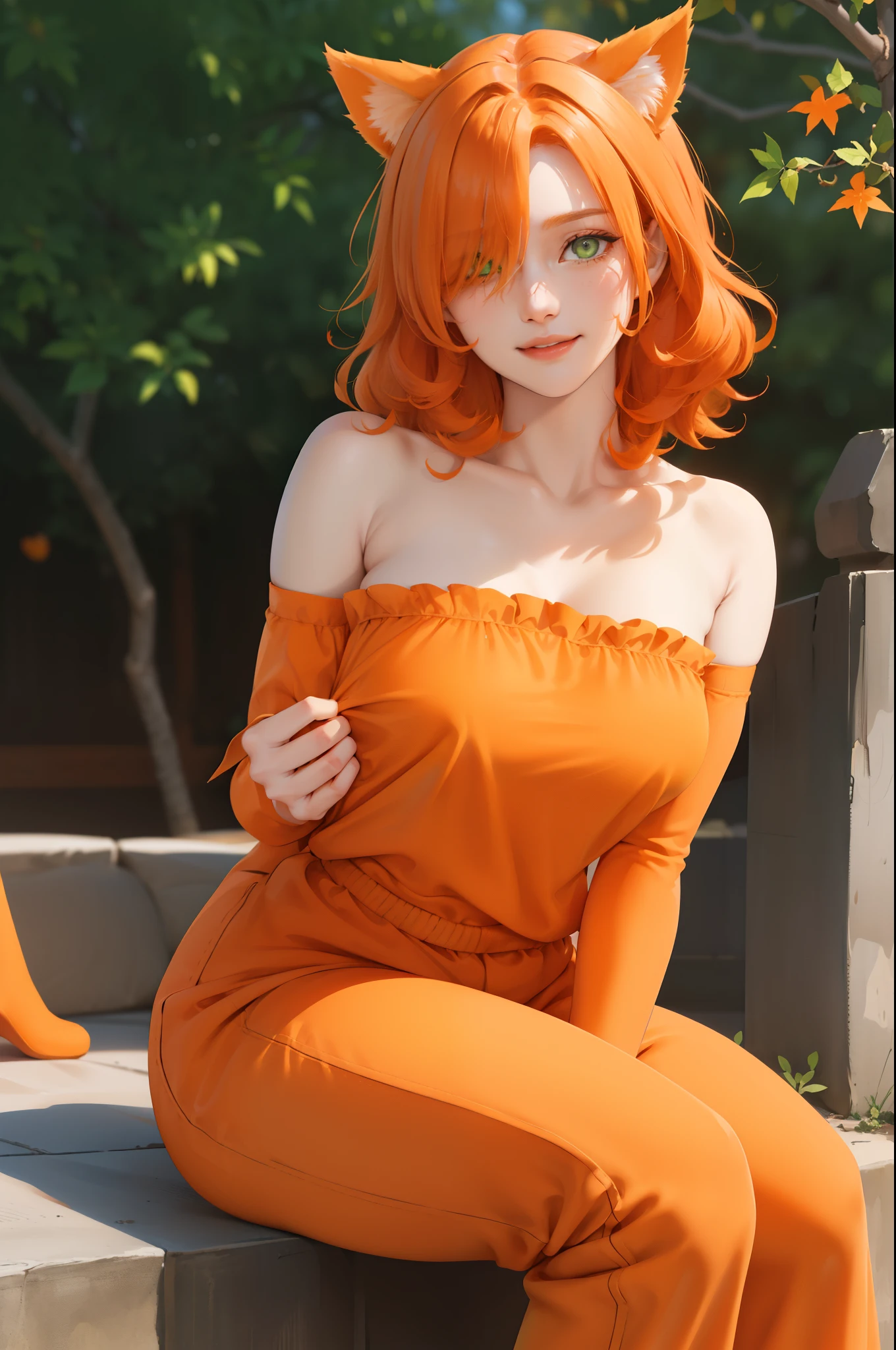 (masterpiece:1.2, best quality), (real picture, intricate details), (1lady, solo), fullbody, close-up face, casual, natural fabrics, smile, Top Quality, Masterpiece, Hi-Res, Beautiful Face, photography, High Resolution, 4k, 8k, Asian face, dark orange arm sleeve, detailed face, detailed eye, exposed shoulder, (((green eyes, orange cat ears, medium breast:1.5, orange hair:1.5, orange clothes:1.5, short curly hair:1.2, hair over one eye:1.5))), ((orange hair:1.5, orange clothes:1.5)),  (background autumn tree:1.5),