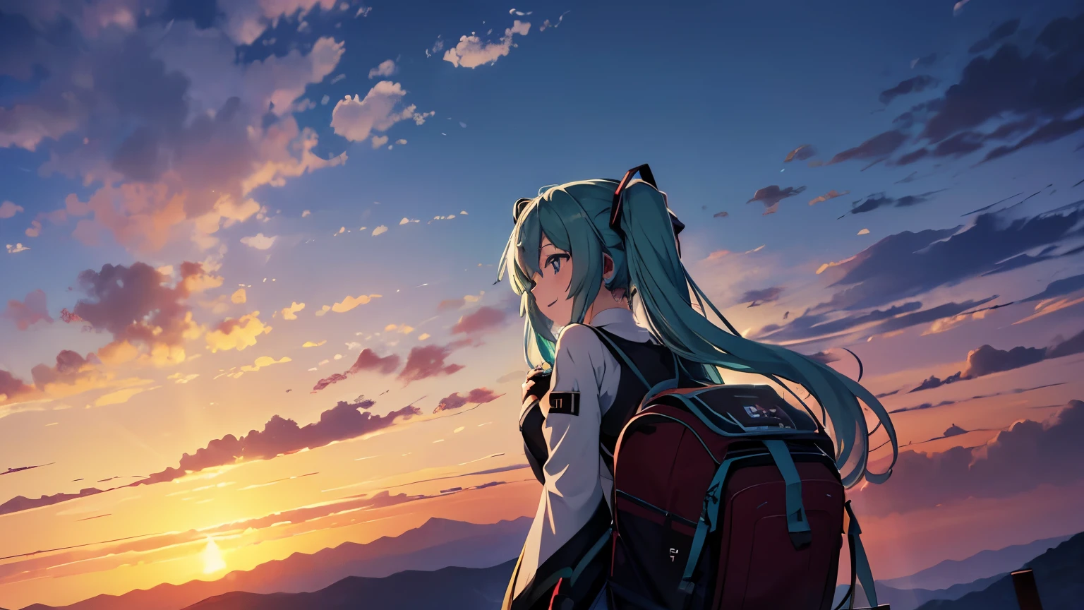 Hatsune Miku, 登山の服装, smile, pray, Angle from below, dramatic sunset, 山の自然, (masterpiece), (Best Quality, 8K, High resolution), Ultra-detailed