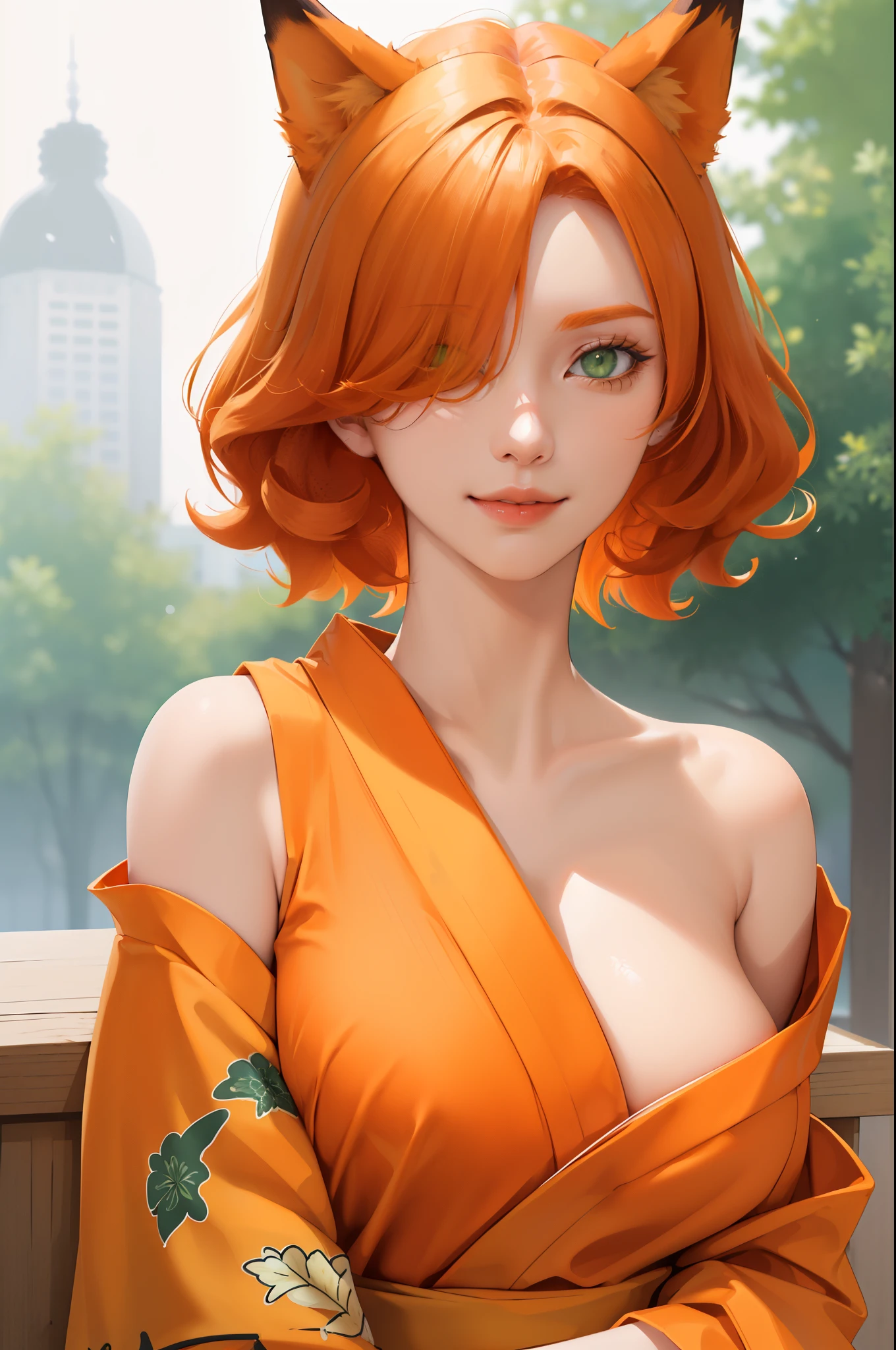 (masterpiece:1.2, best quality), (real picture, intricate details), (1lady, solo), upper body , close-up face, casual, natural fabrics, smile, Top Quality, Masterpiece, Hi-Res, Beautiful Face, photography, High Resolution, 4k, 8k, Asian face, dark orange arm sleeve, detailed face, detailed eye, exposed shoulder, (((green eyes, orange cat ears, medium breast:1.5, orange hair:1.5, orange kimono:1.5, short curly hair:1.2, hair over one eye:1.5))), ((orange hair:1.5, orange clothes:1.5)),  (background autumn tree:1.5),