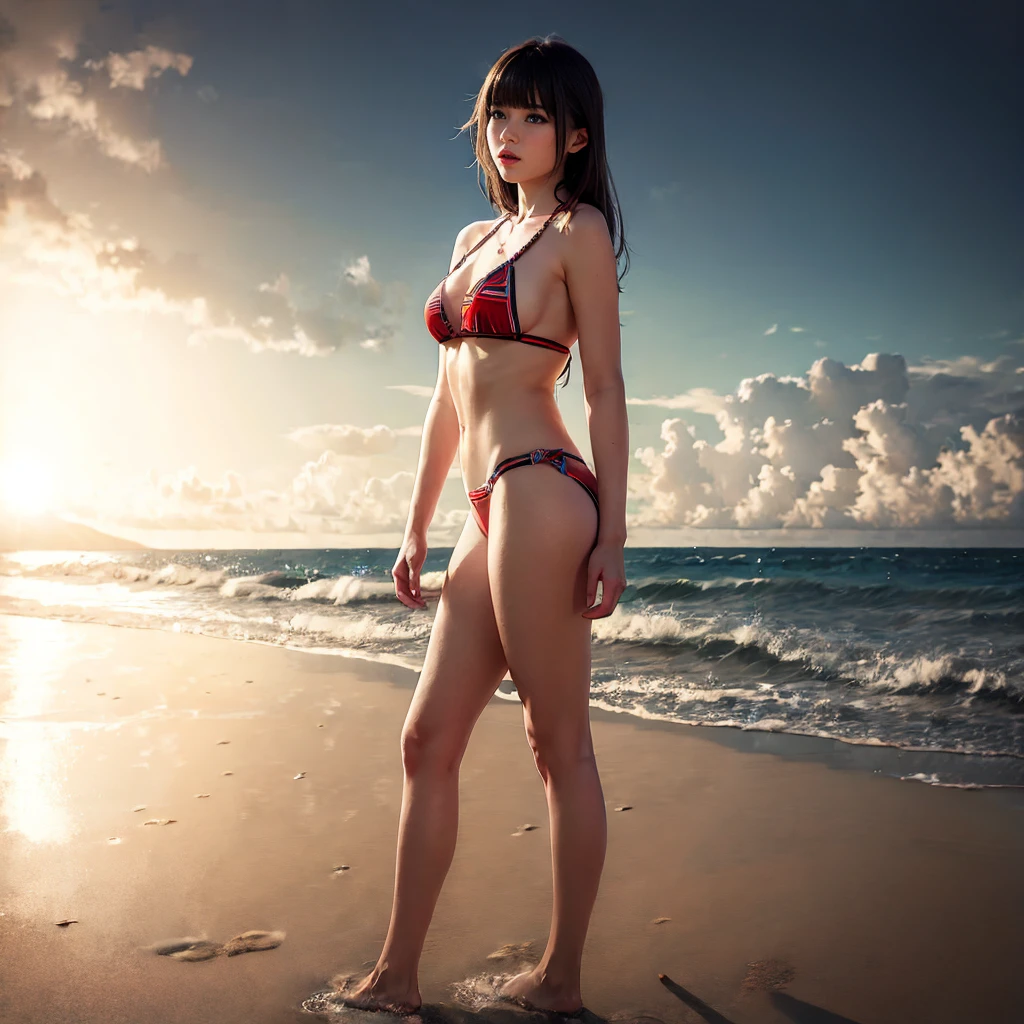 a KAWAII girl with a Halo  wearing a tiny string bikini, jumping on a sandy beach, under the warm sunset light. Her eyes look captivating and mysterious, with long eyelashes and a hint of playful charm. The bikini is pure white, with elaborate lace pattern and intricate details that accentuate her curves. The sand beneath her feet is golden and softly illuminated, creating a serene and dreamy atmosphere. The ocean waves gently kiss the shore, adding a soothing soundtrack to the scene. The overall image quality is top-notch, with ultra-detailed features, vivid colors, and a realistic, photorealistic rendering style. The lighting is carefully set to highlight the curves of her body, creating a beautiful play of light and shadows. The scene exudes a sense of summer vacation, freedom, and adventure. (((Volumetric lighting, Acutance:0.8, sideboob))), (((NSFW:-1, nipple:-1)))