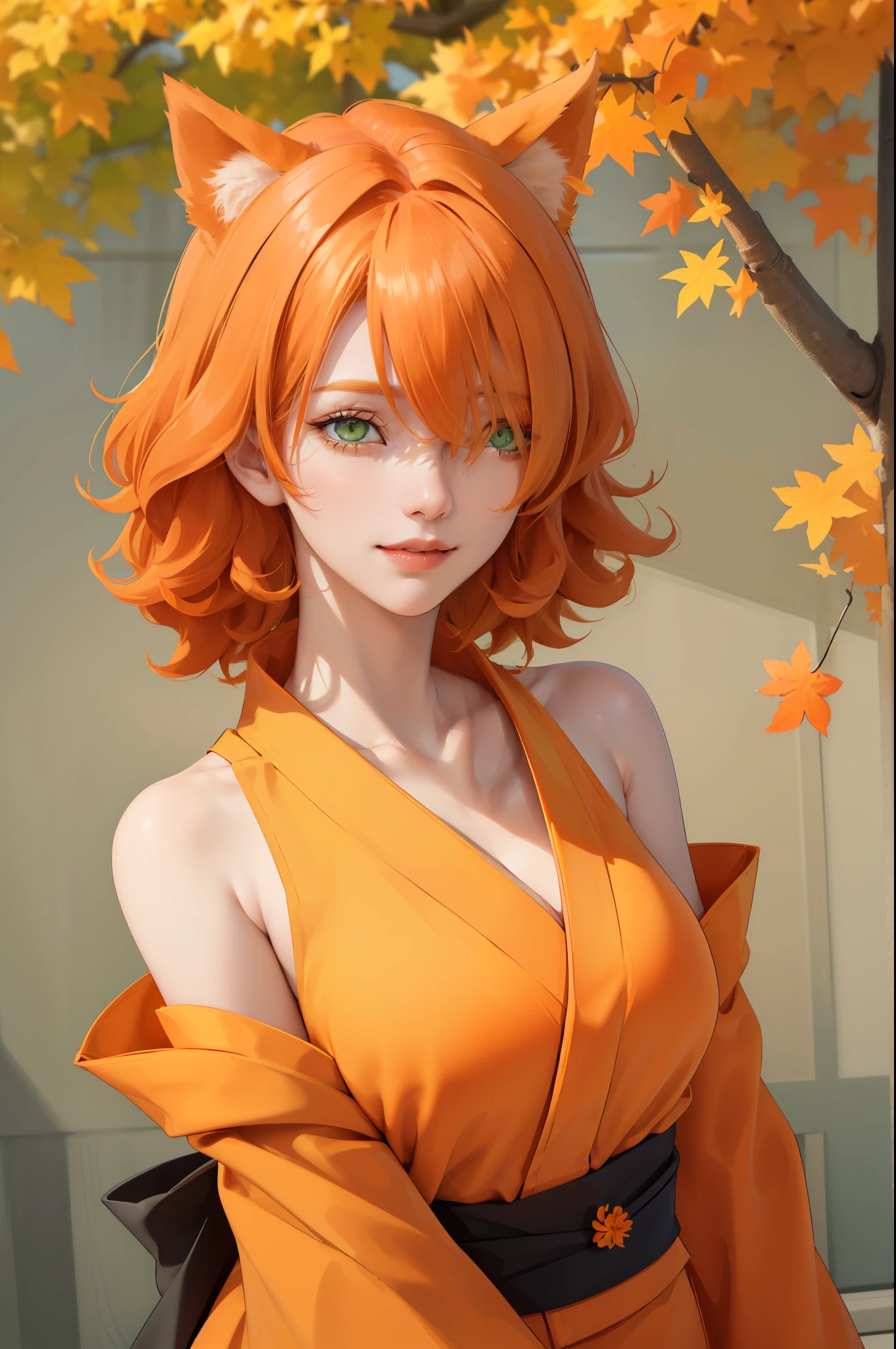(masterpiece:1.2, best quality), (real picture, intricate details), (1lady, solo), upper body , close-up face, casual, natural fabrics, smile, Top Quality, Masterpiece, Hi-Res, Beautiful Face, photography, High Resolution, 4k, 8k, Asian face, dark orange arm sleeve, detailed face, detailed eye, exposed shoulder, (((green eyes, orange cat ears, medium breast:1.5, orange hair:1.5, orange kimono:1.5, short curly hair:1.2, hair over one eye:1.5))), ((orange hair:1.5, orange clothes:1.5)), (background autumn tree:1.5),