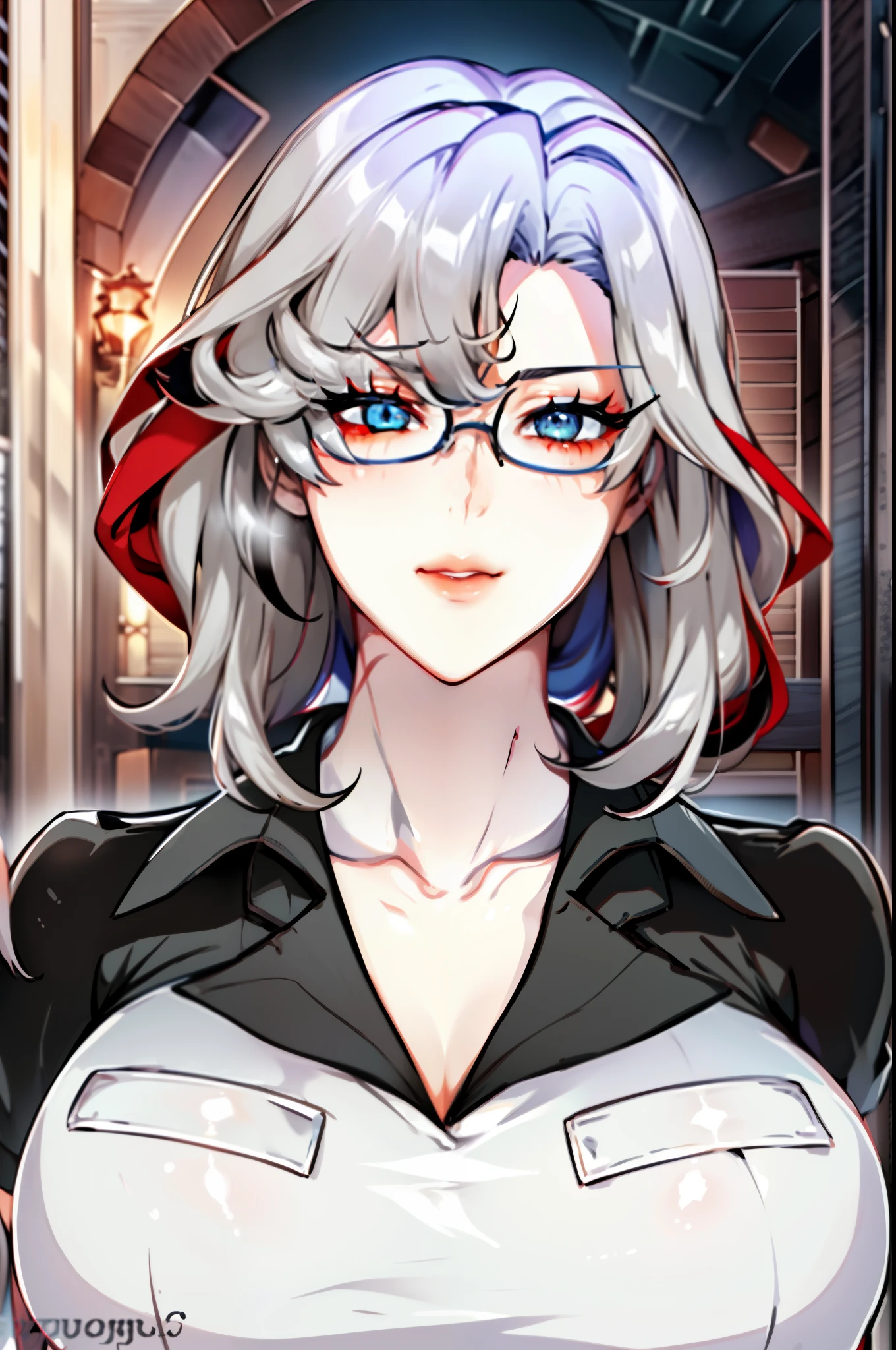 hair over one eye, cleavage, collarbone, glasses, ((White hair)), (Red fading hair below part), white eyes,lipstick, Bangs,long hair,
1 girl, 20yo,Young female, Beautiful Nose,Beautiful character design, perfect eyes, perfect face,expressive eyes,perfect balance,
looking at viewer,(Focus on her face),closed mouth, (innocent_big_eyes:1.0),Light_Smile, large breasts, cleavage, 
official art, (Beautiful,large_Breasts:1.6), (beautiful_face:1.5),(narrow_waist),